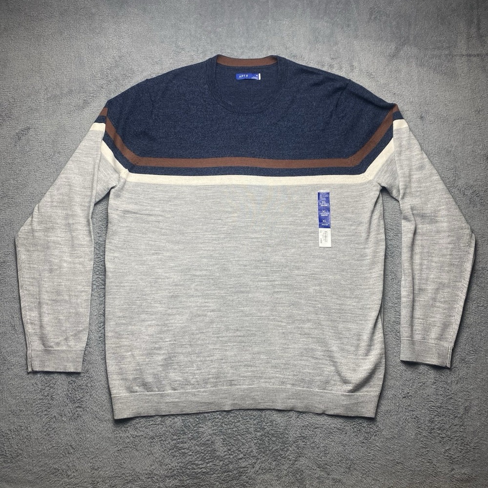 Apt 9 Men's Wool Blend Crew Neck Sweater Size XL Preppy Blue Grey Brown White